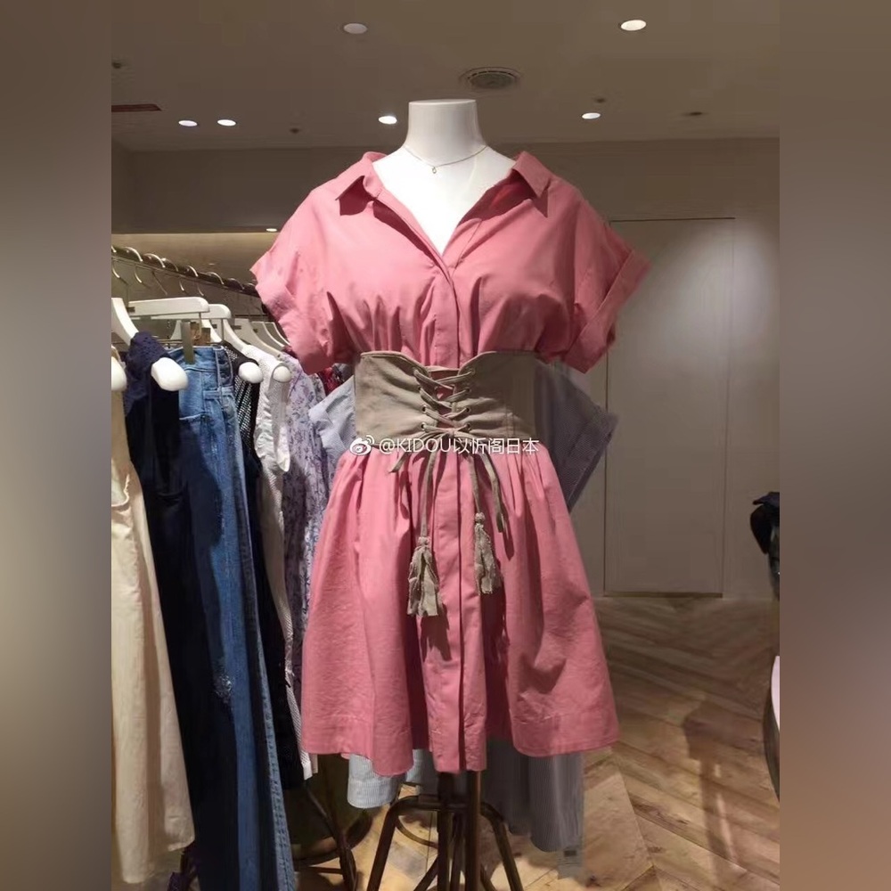 Women's Pink Mini Shirt Dress with Lace-Up Waist
